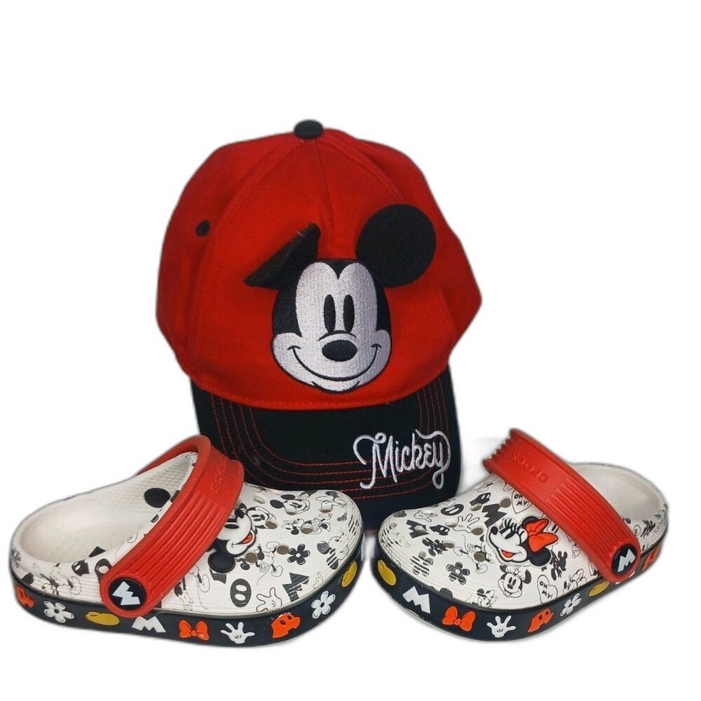 Disney Mickey Mouse Hat & Crocs Clogs Kids Size C6 Mickey Minnie Bundle RedWhite